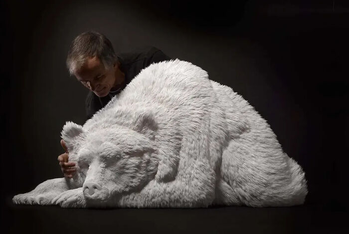 Artist working on a stunningly realistic wildlife sculpture of a resting bear made from simple paper against a dark background.