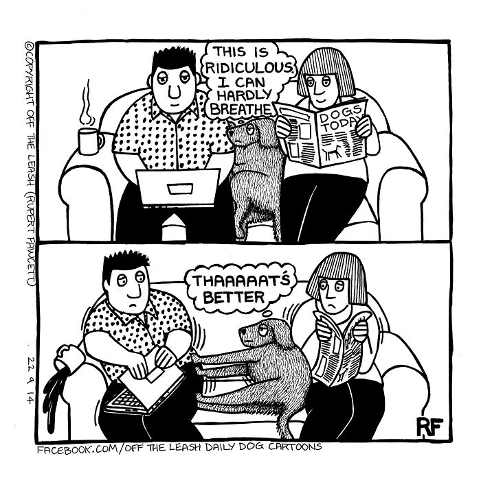 Cartoon showing dog owners humor with their pet, highlighting funny moments dog owners relate to Off The Leash comics.