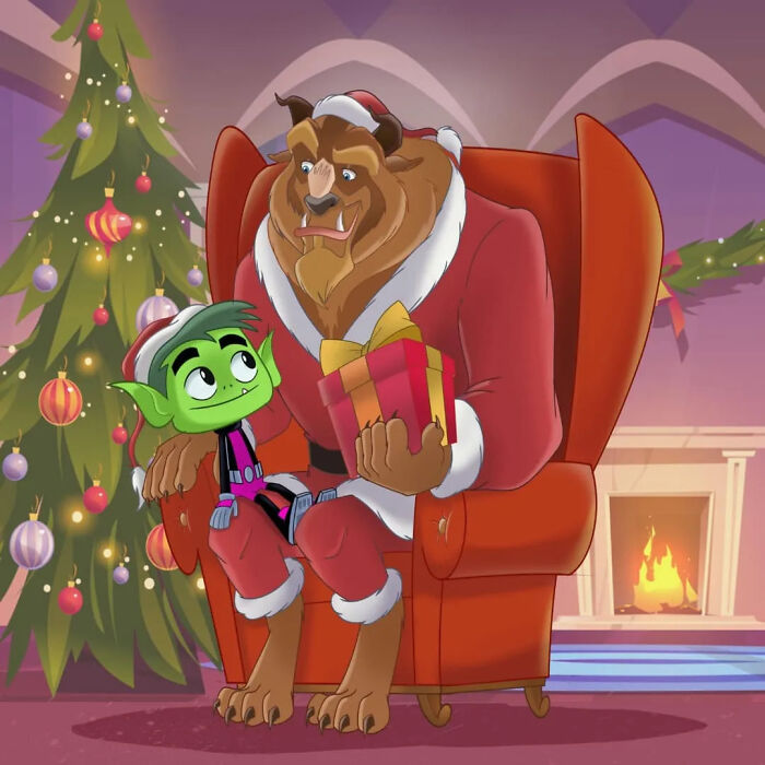 Beast dressed as Santa giving a gift to a green cartoon character in a holiday setting, cartoon mashups theme.