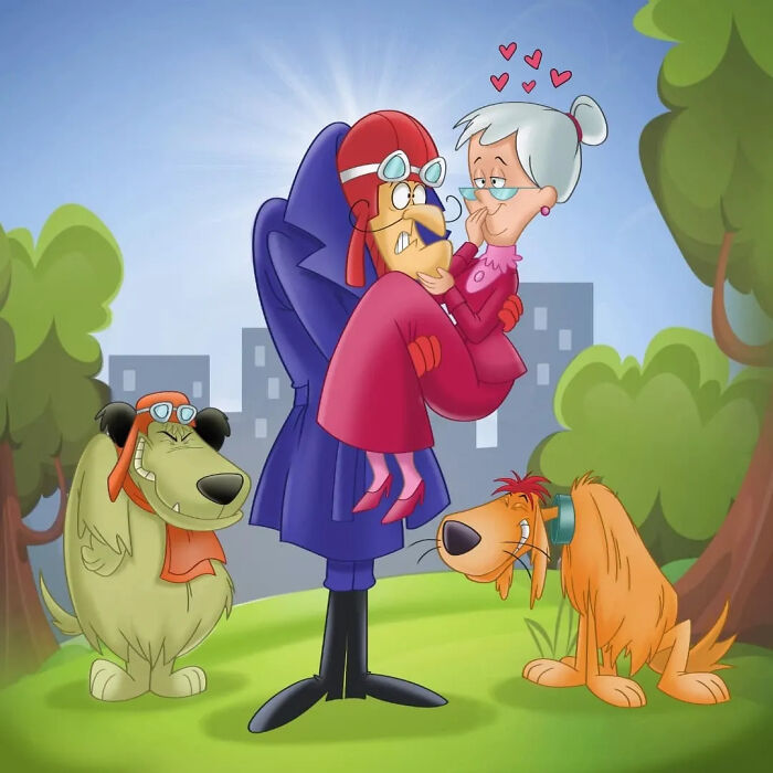 Cartoon mashups featuring classic characters in a whimsical outdoor scene with dogs and affectionate interaction.