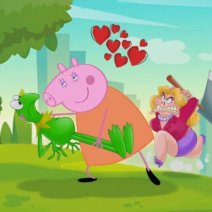Cartoon mashup featuring Peppa Pig holding Kermit the Frog with an angry woman chasing them in a park setting.