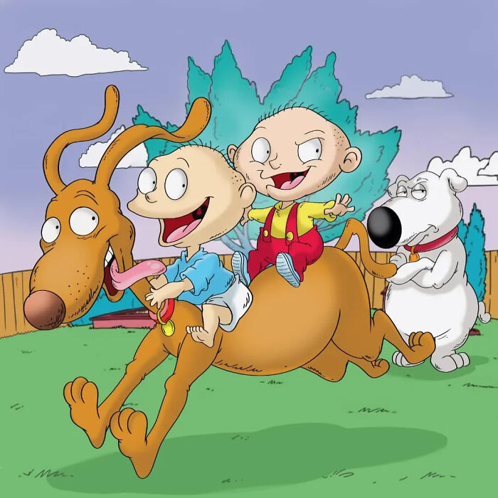 Two baby cartoon characters riding a large dog with another dog in the background in an unexpected cartoon mashup style.
