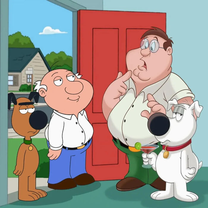 Two cartoon characters and their dogs standing at an open red door in an unexpected cartoon mashups scene.