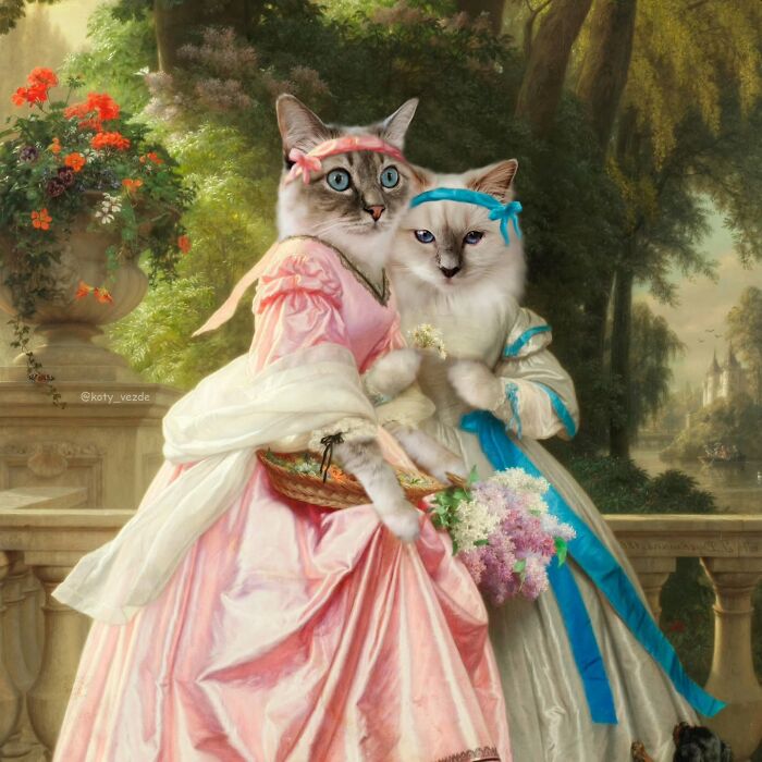 Two cats transformed into majestic figures wearing elegant historical dresses in a detailed outdoor portrait scene.