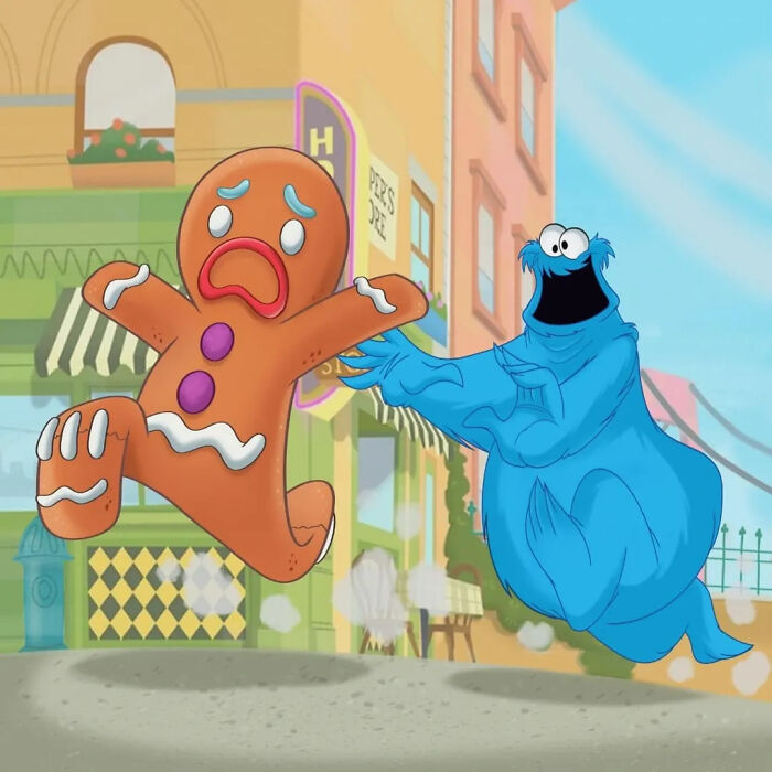 Cookie Monster chasing a gingerbread man in a colorful cartoon mashup scene on a city street.