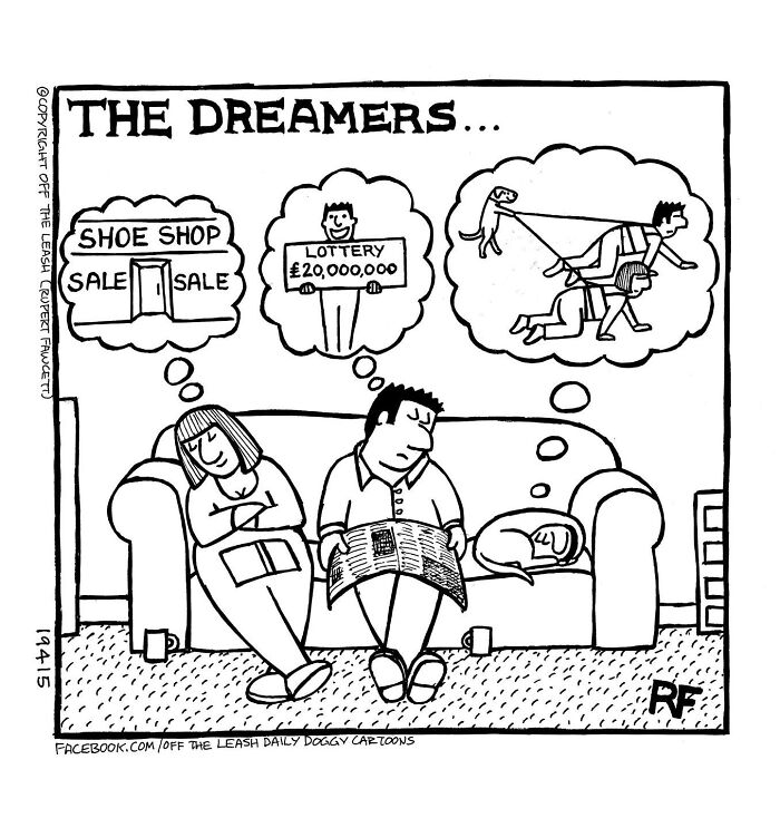 Cartoon from Off The Leash showing a dog owner dreaming of walking dogs while sitting on a couch with family.