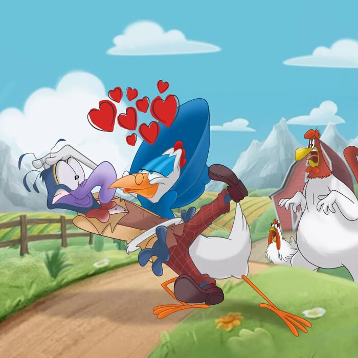 Cartoon mashups featuring classic and unexpected characters in a colorful countryside scene with animated animals.