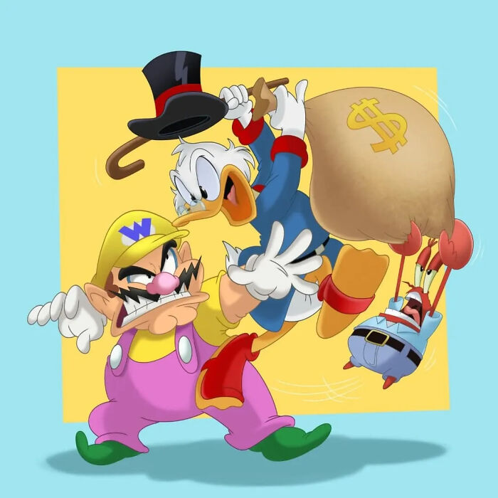 Wario wearing purple and yellow, Scrooge McDuck with a cane, and Mr. Krabs holding a money bag in a cartoon mashup.