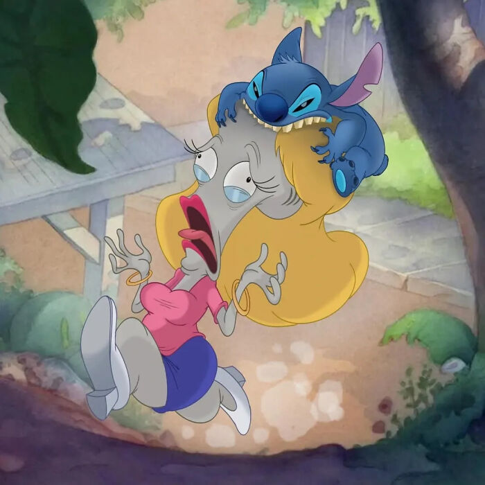 Cartoon mashup featuring a character with blonde hair and Stitch climbing on her head in a colorful outdoor scene.