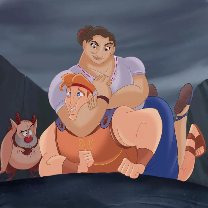 Cartoon mashup showing a muscular male character and a woman playfully wrestling with a small horned creature nearby.
