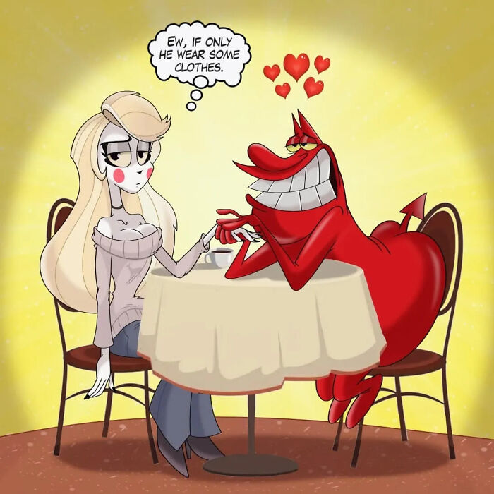 Cartoon mashups featuring a disinterested woman and a red devil character with hearts, sitting at a table.