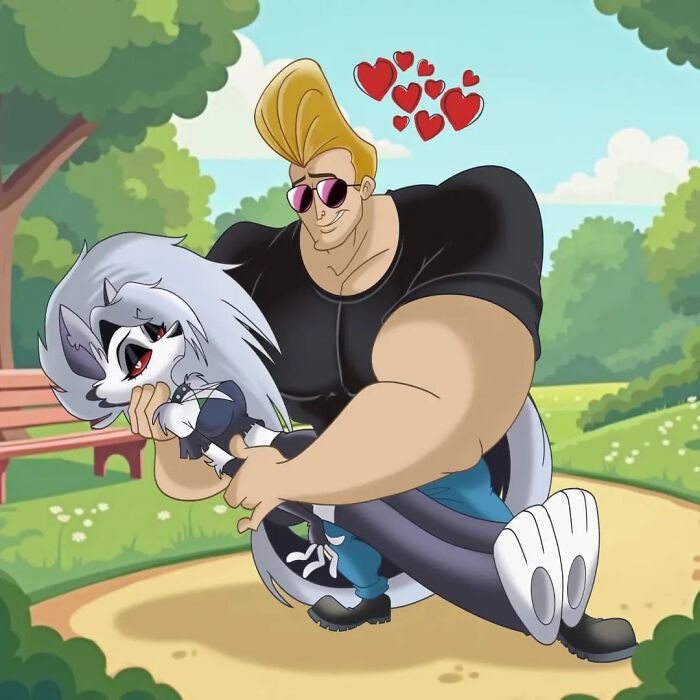 Cartoon mashups featuring a muscular man with sunglasses holding a shy anthropomorphic wolf character in a park setting.