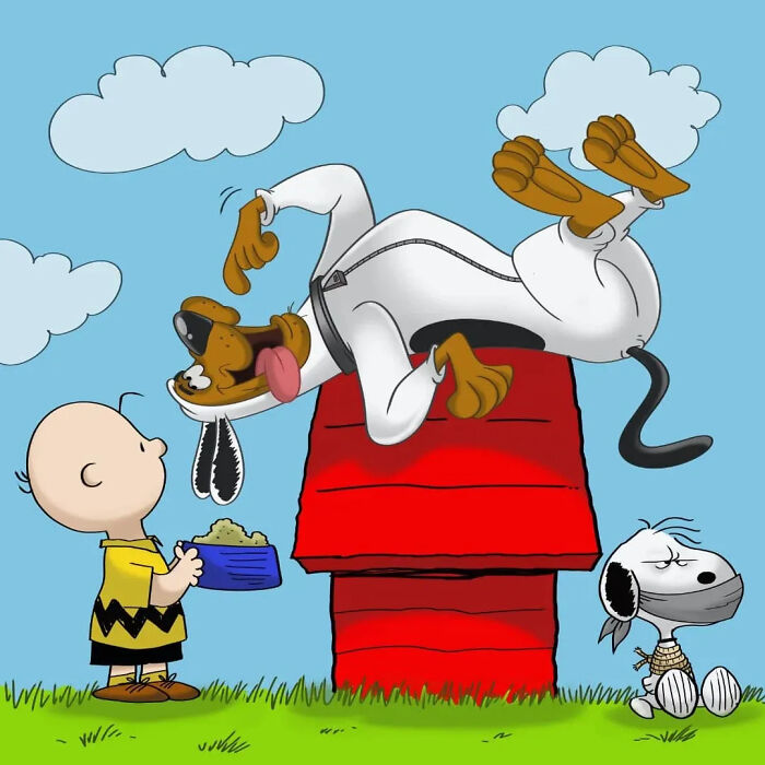 Charlie Brown with Shrek-themed dog and a cartoon mashup of Snoopy and Sesame Street characters in a playful scene.