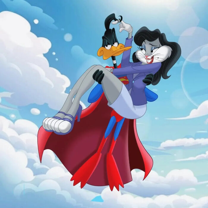 Daffy Duck dressed as Superman carrying a stylish female cartoon character in a sky full of clouds, cartoon mashups concept.