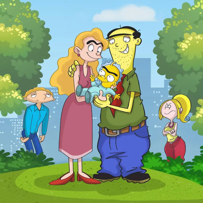 Cartoon mashup of a family with exaggerated features standing outdoors with trees and city skyline in the background.