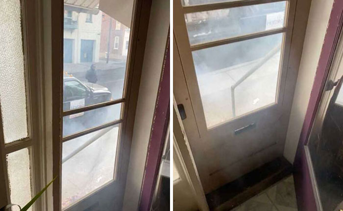 View through a door filled with smoke caused by selfish people losing common decency and making life harder for others.