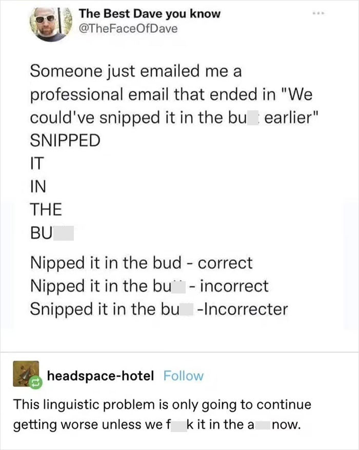 A humorous online post shaming overconfident know-it-alls who incorrectly correct common phrases.