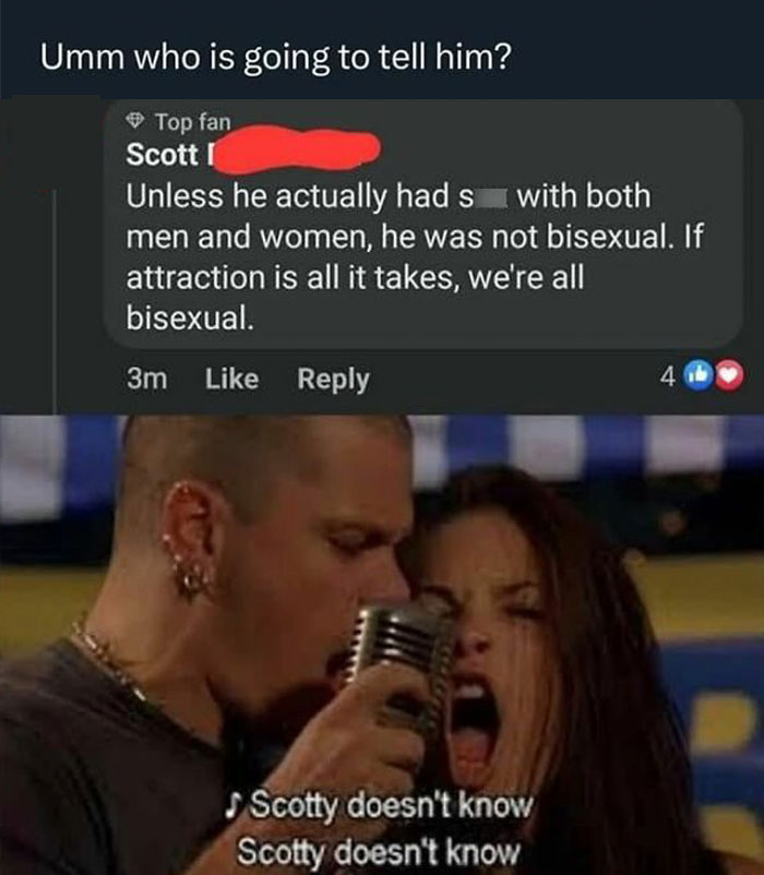 Comment incorrectly correcting bisexuality definition followed by an image shaming overconfident know-it-alls online.