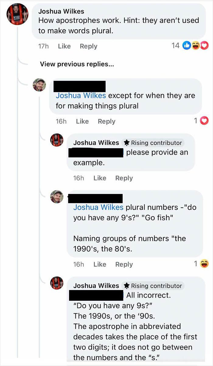 Screenshot of online group shaming overconfident know-it-alls incorrectly correcting apostrophe usage in plural numbers discussion.