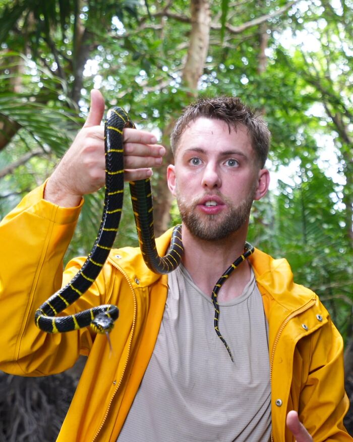 Man in a yellow jacket holding a black and yellow snake, highlighting influencer sparks outrage filming indigenous tribe controversy.