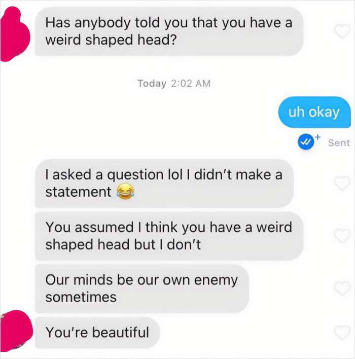 Screenshot of a cringy man awkwardly hitting on a woman with confusing and backhanded compliments in a text chat.