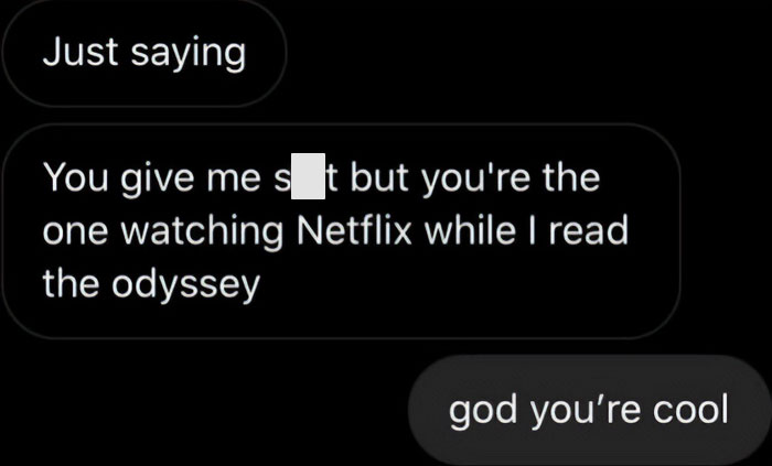 Screenshot of a cringy message from a man hitting on a woman with a sarcastic response about reading the Odyssey.