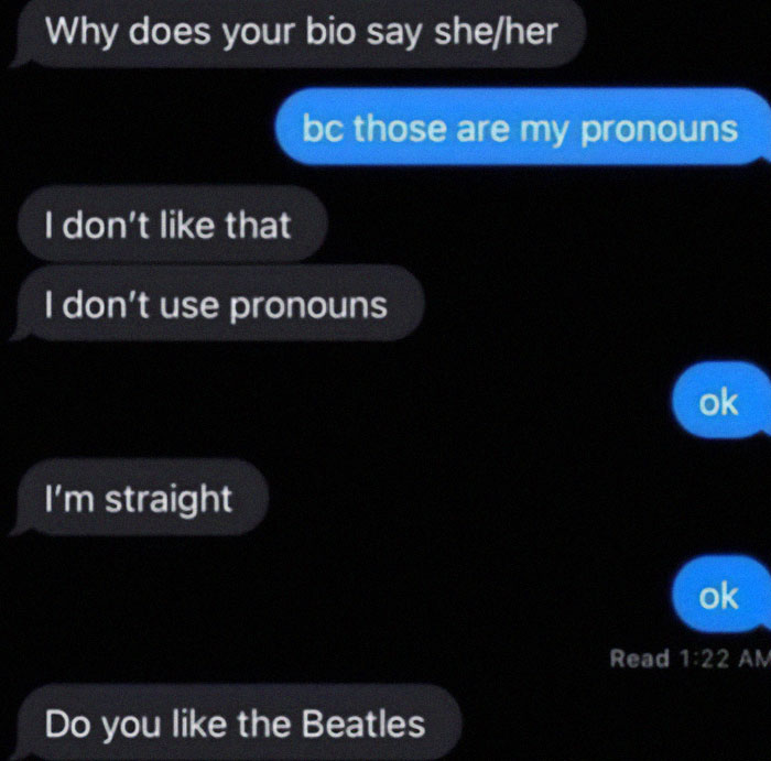 Text message exchange showing cringy men hitting on women with awkward comments about pronouns and music preferences.