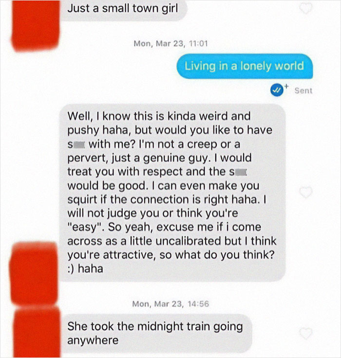 Screenshot of a cringy message from a man hitting on a woman with awkward and pushy language shared by women online.