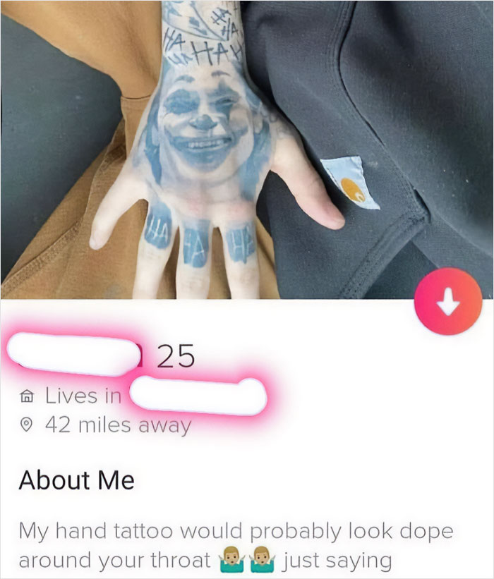 Tattooed man’s dating profile with a creepy message, part of cringy men hitting on women screenshots collection.