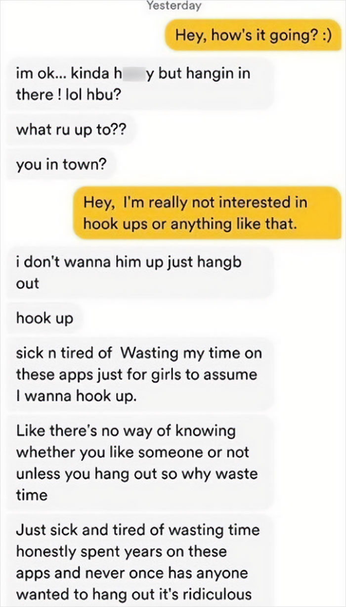 Screenshot of a cringy man hitting on a woman, showing awkward messages from a dating app conversation.