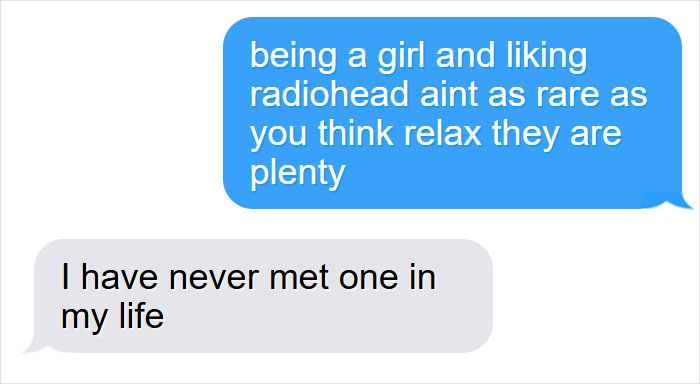 Text message exchange showing a woman discussing rare interests, part of cringy men hitting on women screenshots.