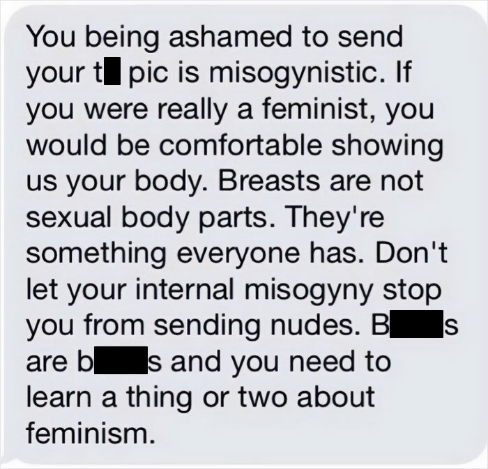Cringy men sending messages denying misogyny and demanding nudes, shared by women in screenshots.