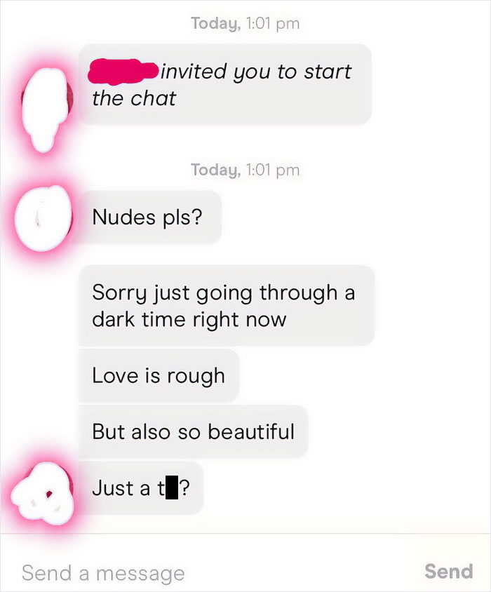 Screenshot of a cringy man hitting on a woman with awkward messages in a chat conversation.