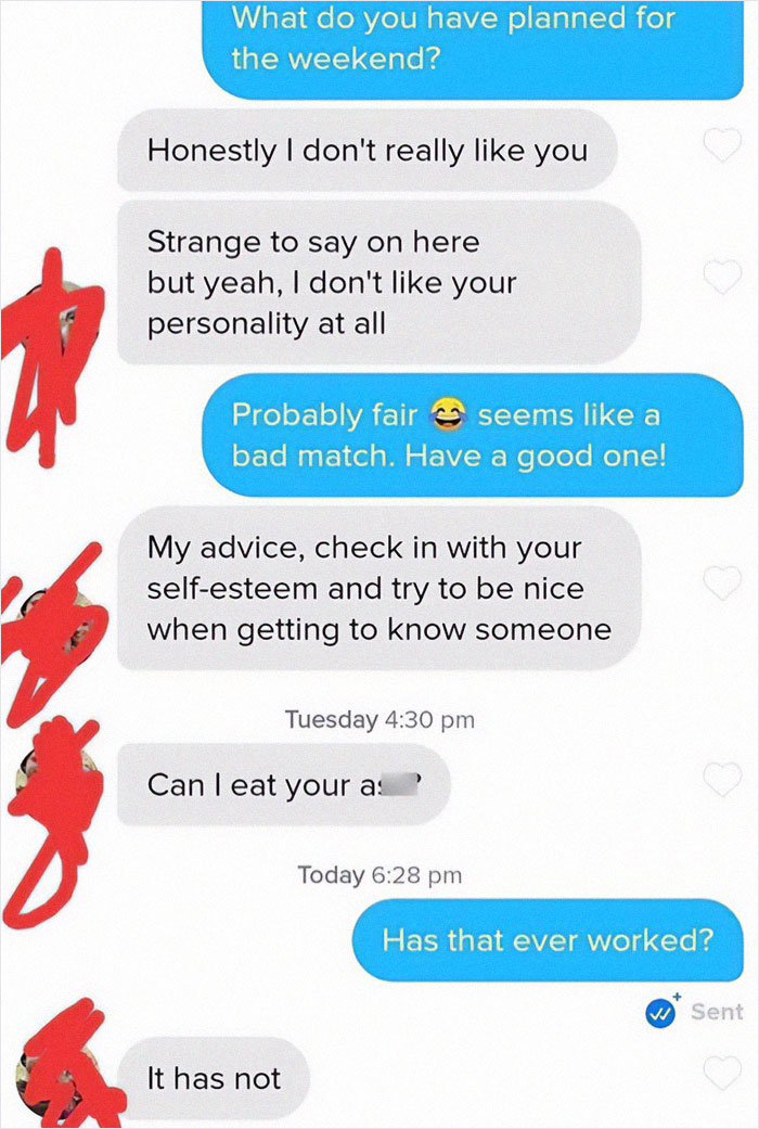 Text message conversation showing cringy men hitting on women with awkward and rejected pickup lines.