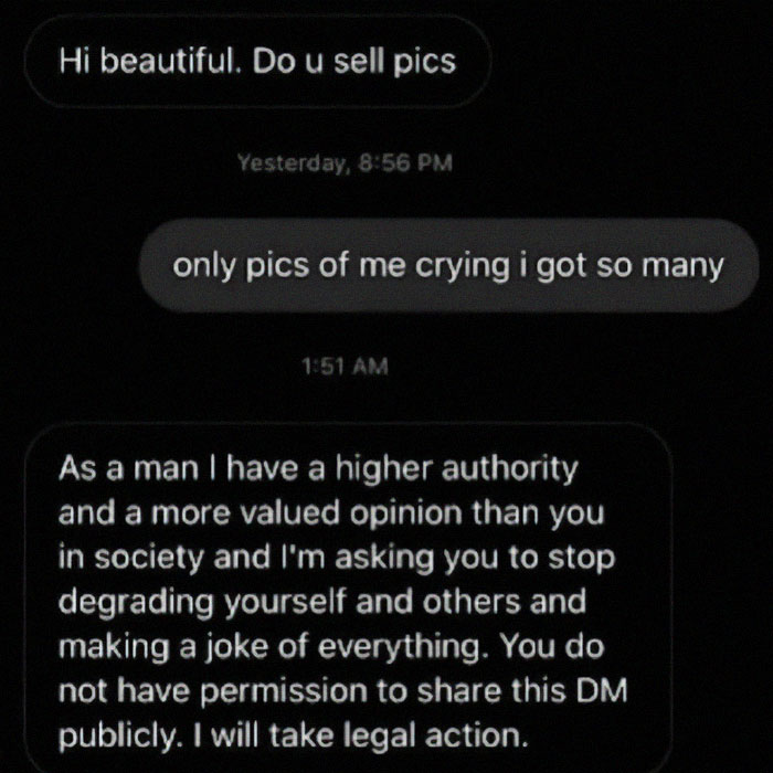 Screenshot of a cringy conversation showing men hitting on women with awkward and controlling messages.