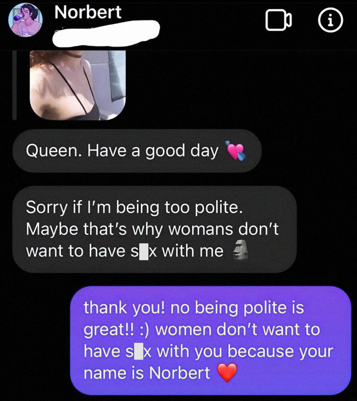 Screenshot of cringy men hitting on women with awkward and polite but ineffective pickup messages in a chat conversation.