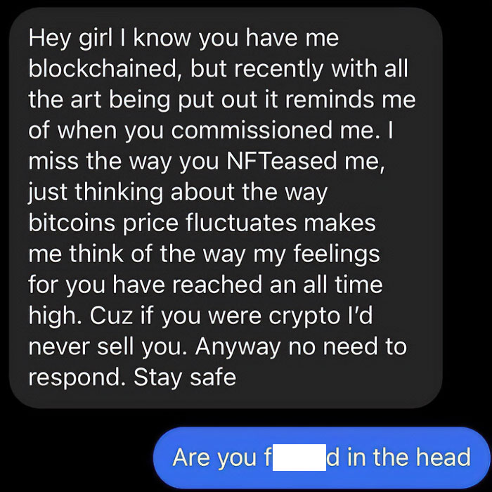 Cringy men hitting on women with awkward crypto-themed pickup lines in text message screenshots.