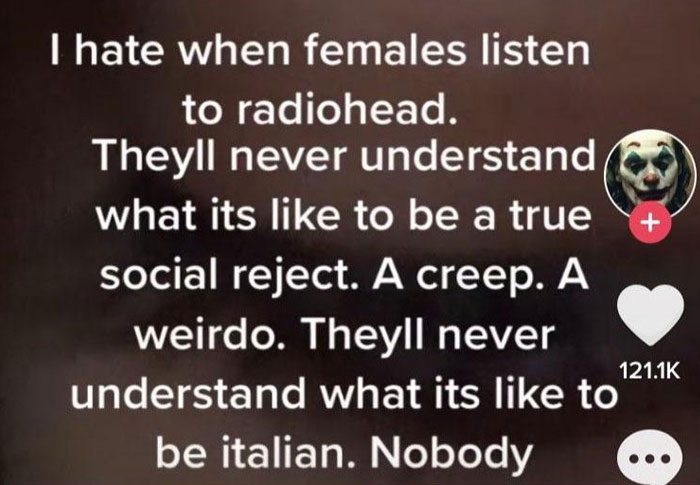 Screenshot of a cringy man expressing frustration about females listening to Radiohead and being social rejects.