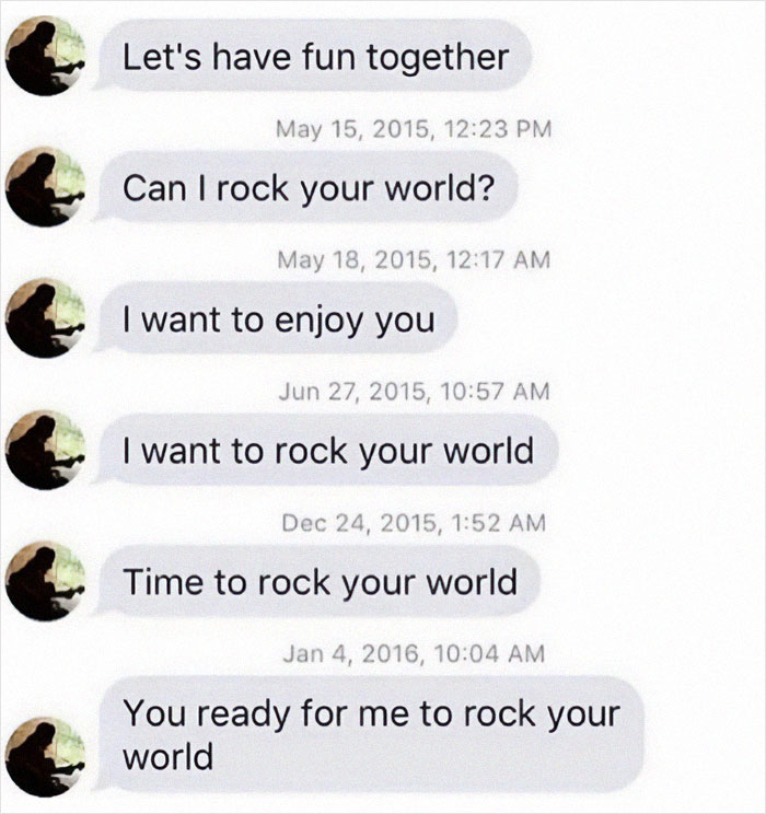 Screenshot of cringy men hitting on women with repetitive messages about rocking their world over several months.