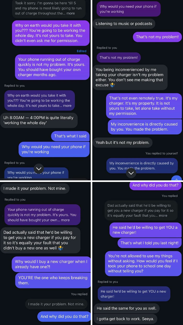 Text message exchange showing siblings arguing about borrowing a phone charger without permission in sibling shenanigans.