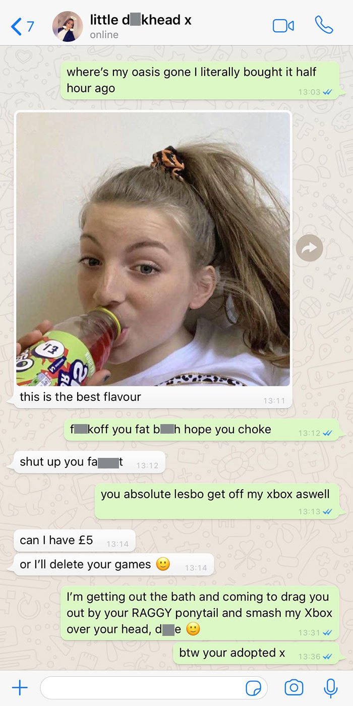 Text message exchange showing sibling shenanigans with insults, Xbox threats, and playful banter over a drink.