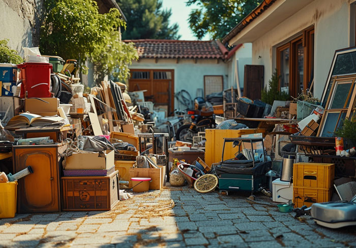 Cluttered inherited home filled with hoarder items as MIL squats, causing couple to consider legal eviction steps.