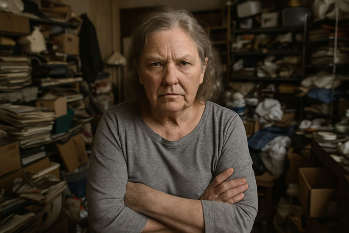 Older woman with crossed arms in cluttered hoarder home, representing hoarder MIL squatting and causing legal eviction issues.