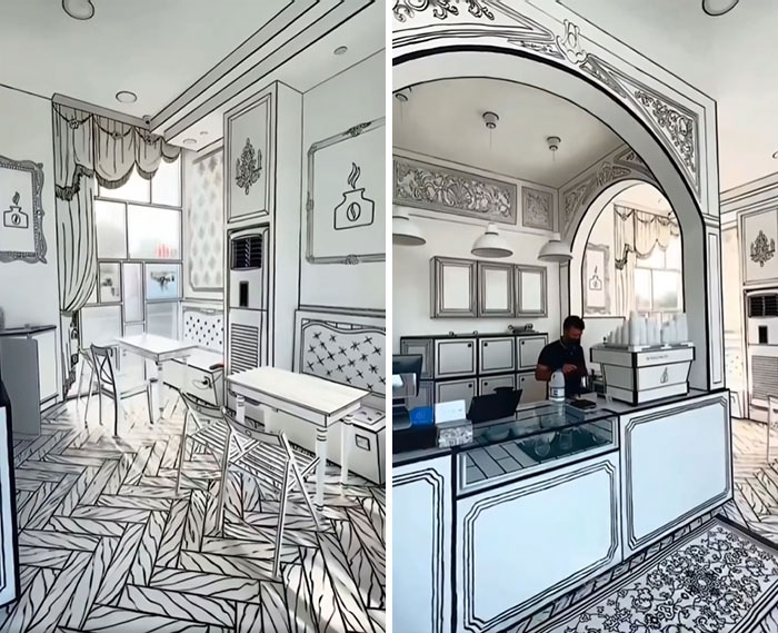 Creative bar and restaurant interior with unique 2D cartoon-style design and artistic black and white décor.