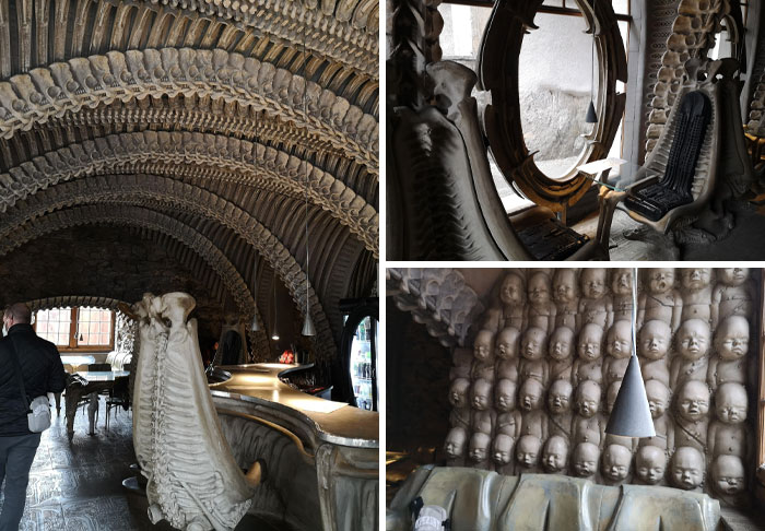 Creative bar interior with unique skeletal and doll designs, showcasing innovative decor in bars and restaurants worldwide.