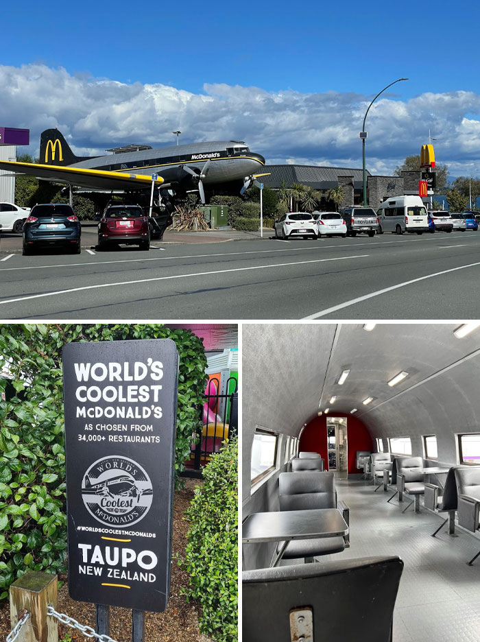 Creative bars and restaurants featuring unique McDonald's Taupo with airplane dining setting in New Zealand.