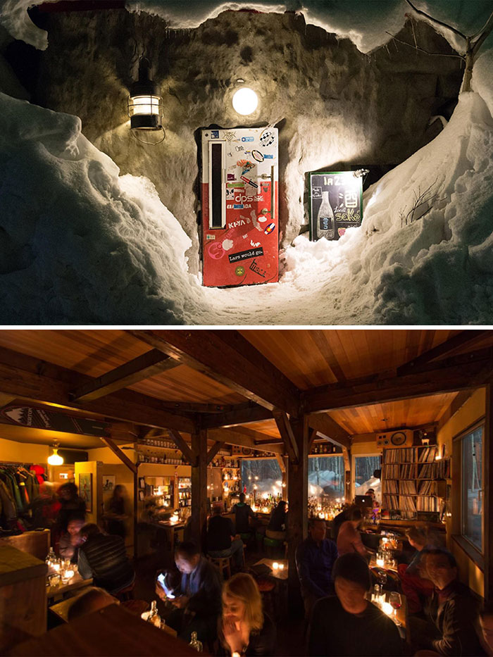 Cozy and creative bar entrance in snow and lively interior of a rustic bar showcasing creativity and ambiance worldwide.