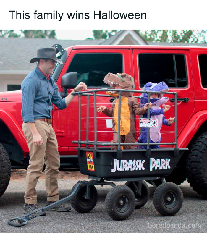 Creative Halloween costume idea from an IG account sharing ingenious crafty ideas with kids dressed as Jurassic Park dinosaurs.