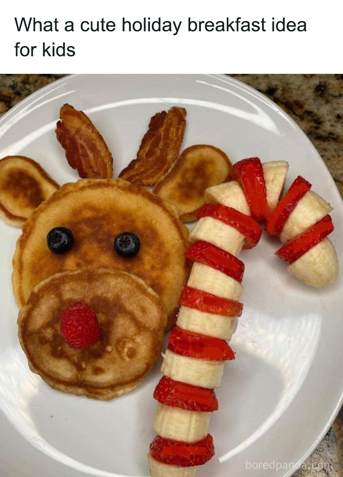 Holiday breakfast idea for kids featuring a reindeer pancake with fruit and bacon, showcasing crafty ideas from an IG account.