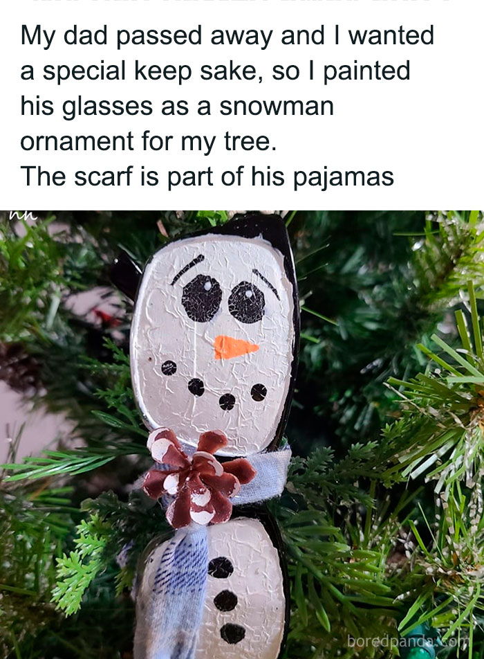 Hand-painted crafty snowman ornament made from glasses with a scarf, displayed on a Christmas tree, showcasing ingenious crafty ideas.